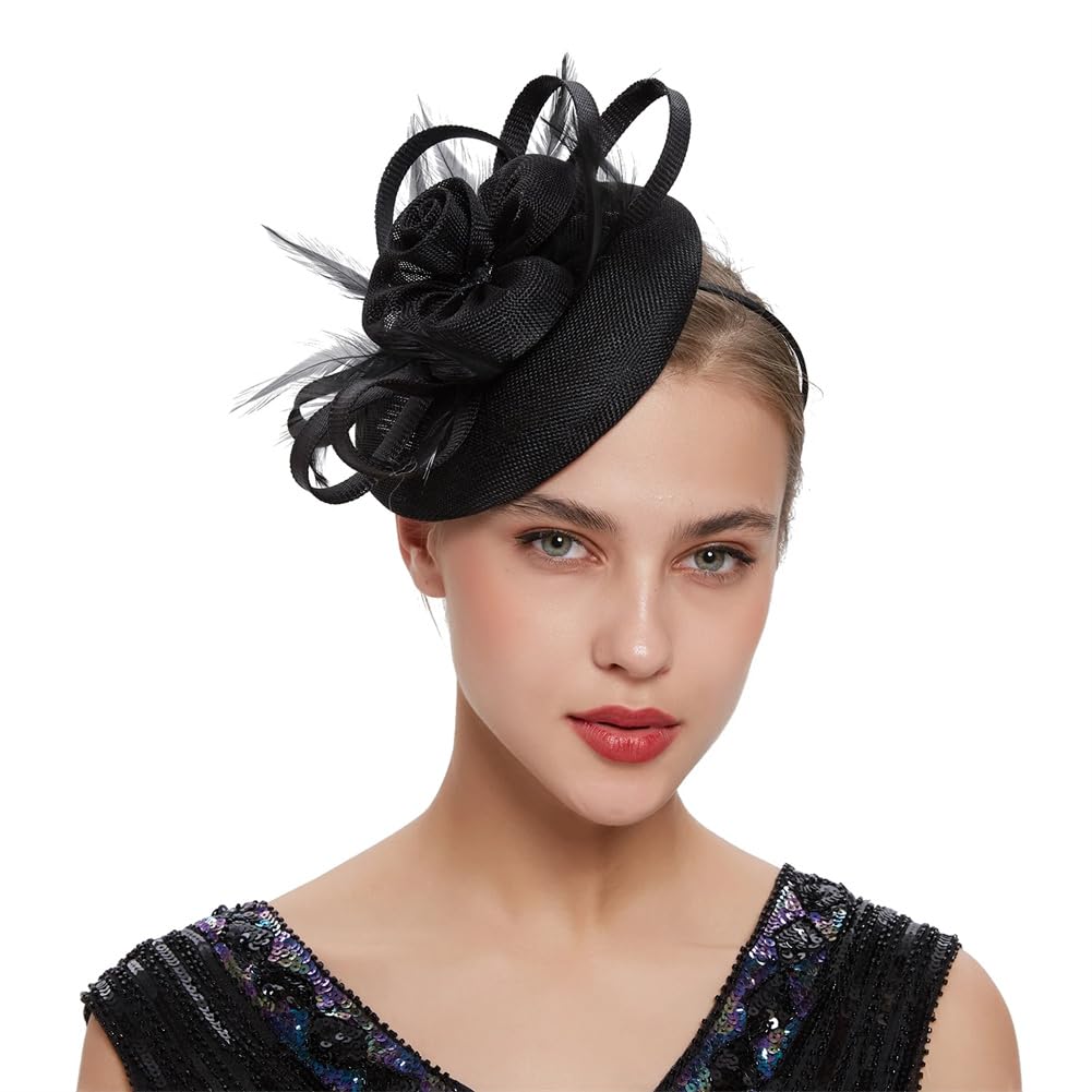 FBHappiness Women Fascinator Hat with Headband and Clip Ascot Linen Flower Feather Headpiece