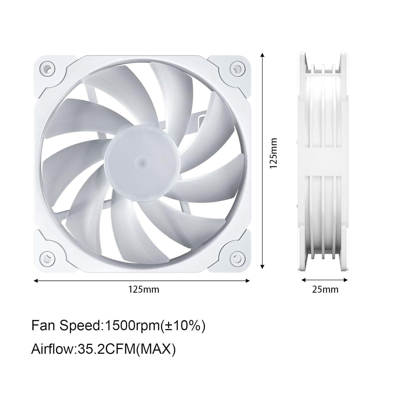 Diagram showing the dimensions of the Vetroo 120mm fan and its fan speed and airflow specifications