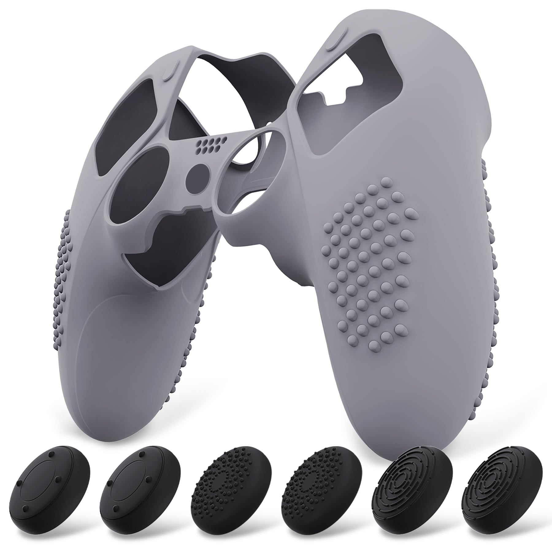 PlayVital Funda de Silicona Antideslizante para ps5 Edge - Carcasa Protectora con 6 Tapas de Joysticks, Cubierta de Goma Tacto Suave, Protector de Mando, Diseño 3D Tachonado (Gris Metálico)