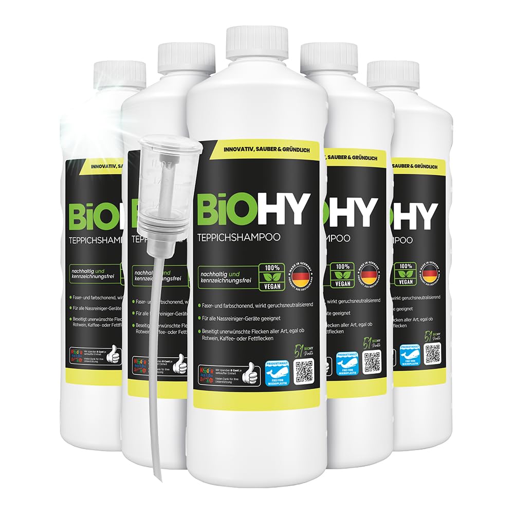 BiOHY Shampoing pour Tapis (6 x 1l Bouteille) + Distributeur | Concentré de nettoyant pour tapis | idéal pour enlever les taches tenaces | bien toléré par les animaux (Teppichshampoo)