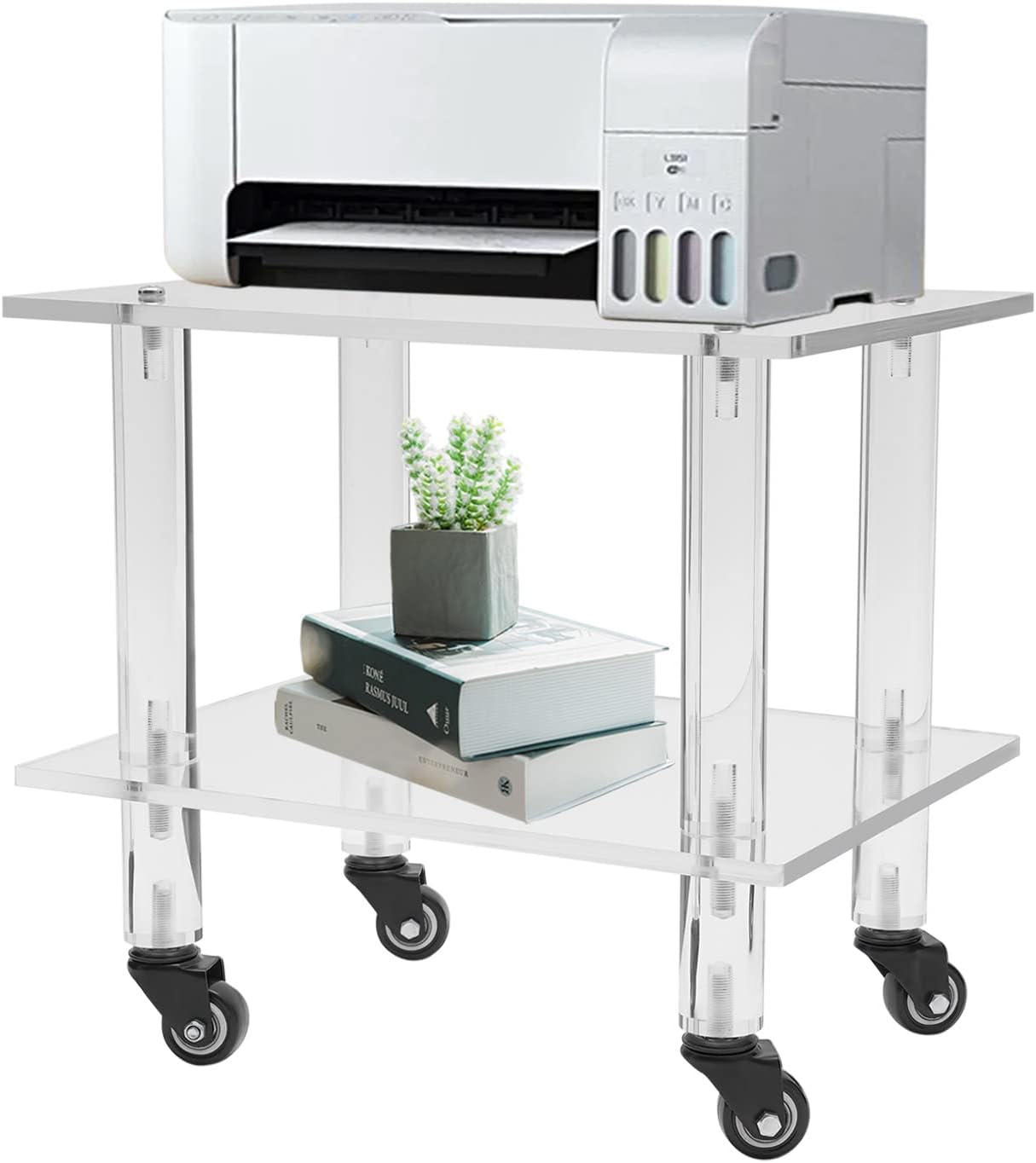 Rolling Acrylic Printer Stand Shelf 2-Tier Under Desk Printer Table Modern Clear Printer Cart with Wheels for Home Office Living Room Bedroom, Clear