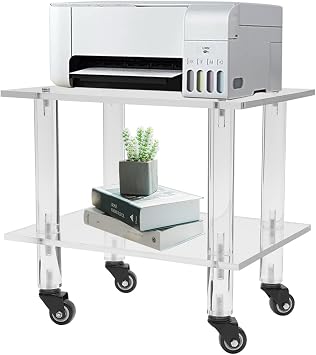 Rolling Acrylic Printer Stand Shelf 2-Tier Under Desk Printer Table Modern Clear Printer Cart with Wheels for Home Office Living Room Bedroom, Clear