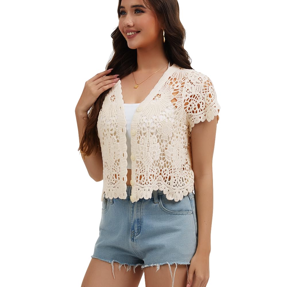 Boléro à manches courtes pour femme avec dentelle au crochet