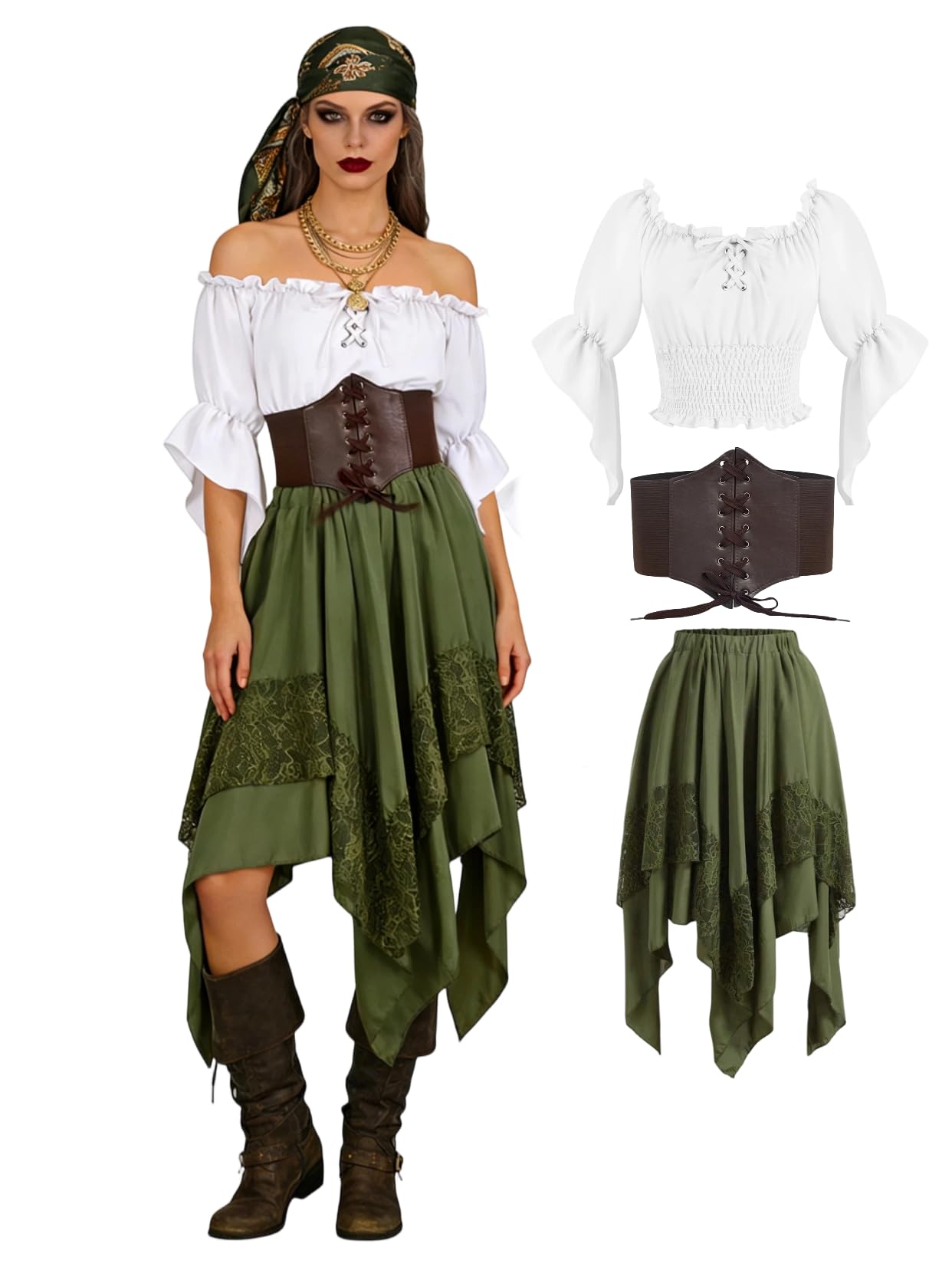 Photo 1 of Verceco Women Pirate Costume Adult Renaissance Medieval Outfit with Peasant Top and Pirates Skirt 3-Piece Halloween Set (Green, M)