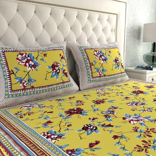 Image of La Verne 140 TC 100% Cotton King Size Jaipuri Rajasthani Print Bedsheet with 2 Pillow Covers (Light Yellow)