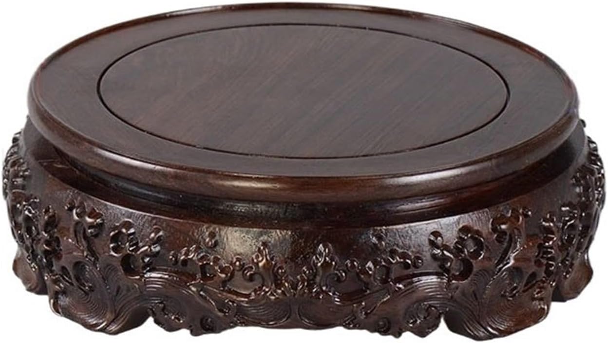 Base Rotatable Wood with Relief Carving Base for Bonsai Table Lamp Teapot(Medium)