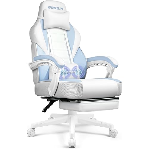 BOSSIN Gaming Chair with Massage, Ergonomic Heavy Duty Design with Footrest and Lumbar Support, Large Size Cushion High Back Office Chair, Big and Tall Gaming Computer Chair for Kids（White and Blue）