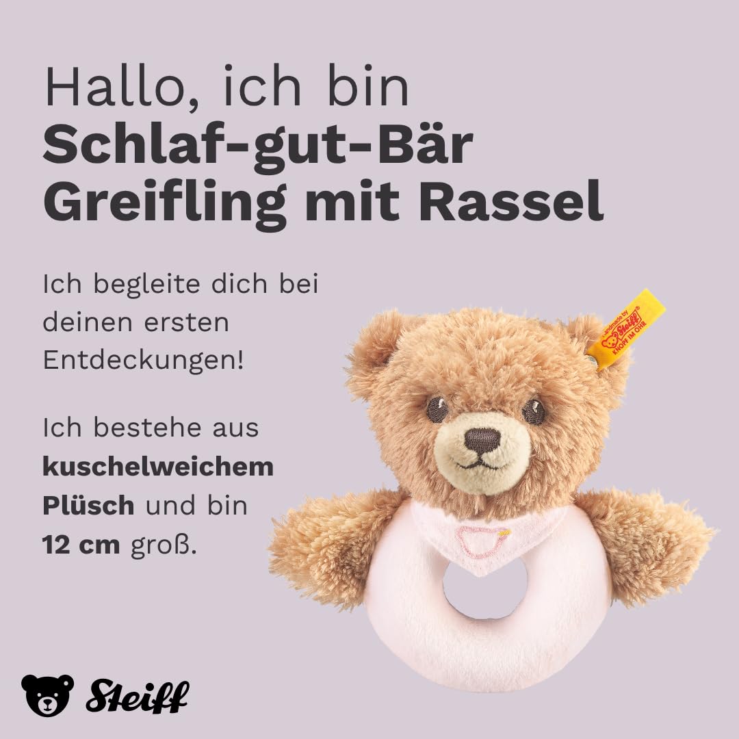 Steiff Kuscheltier Schlaf-gut-Bär Greifling mit Rassel, Süßes Stofftier, Jungen, Mädchen & Babys ab 0 Monaten, Spielzeug 12 cm, Klein, Rosa, 239557