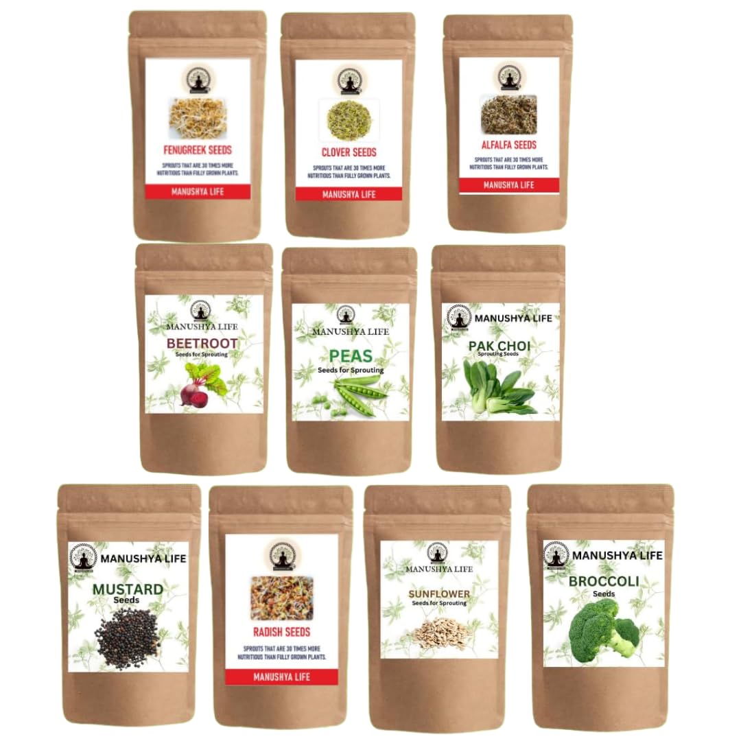 Manushya Life | 10 Variety of Seeds for Sprouting | Satvic Lifestyle | Combo of Alfalfa, clover, fenugreek, radish, Pak choi, broccoli, mustard, Sunflower, beetroot, peas | 450 Grams (B0CB6MWRMP) Amazon Price History, Amazon Price Tracker