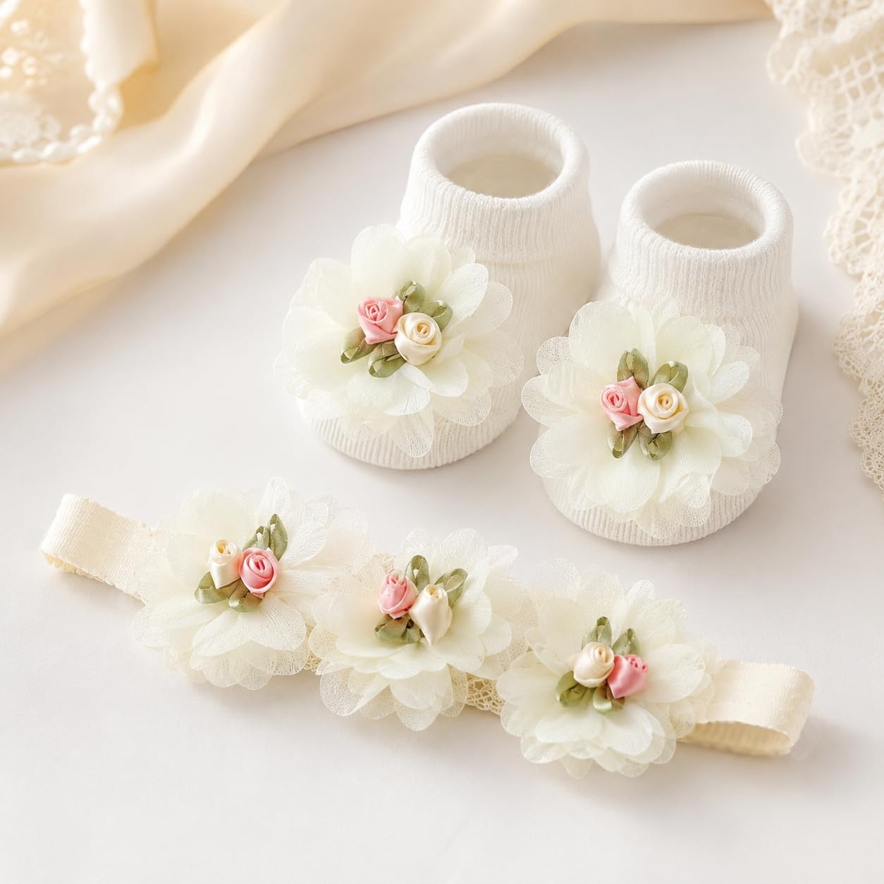 Newborn-Baby-Girl Flower-Headband-Set with Flower-Socks Toddler Infant Cute Headwrap Short Socks for 100 Days Celebration Gift