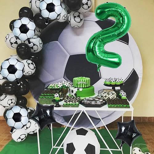 Miniatura 3 de TONIFUL Juego de globos de fútbol de 32 pulgadas, decoración de segundo cumpleaños, globo de fútbol verde número 2, globos de estrella negra para