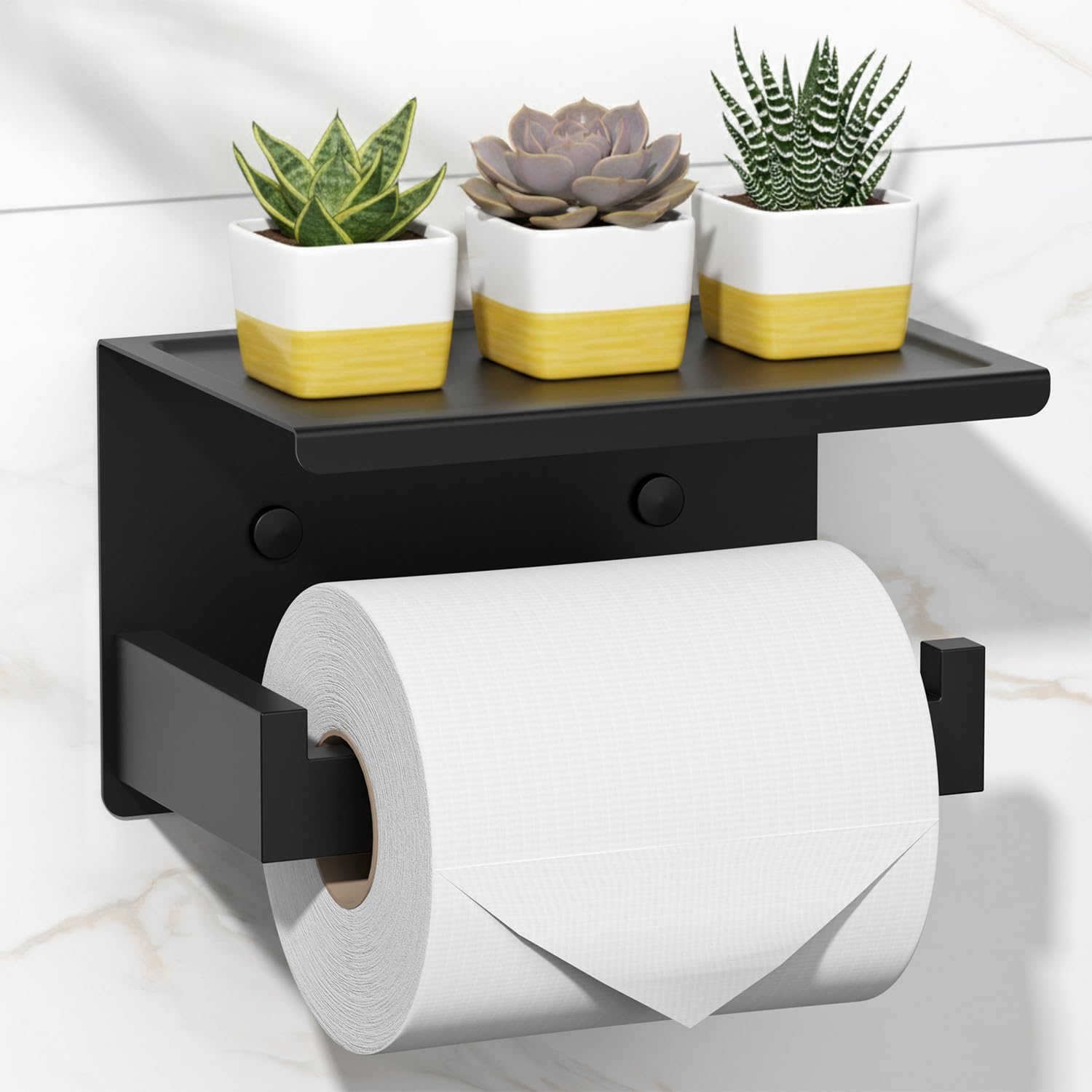 HITSLAM Matte Black Toilet Roll Holder with Phone Shelf, Stick on Toilet Paper Holder for Bathroom, SUS 304 Stainless Steel, Two Installation of Self-Adhesive and Wall Mounted, Large โ image 1