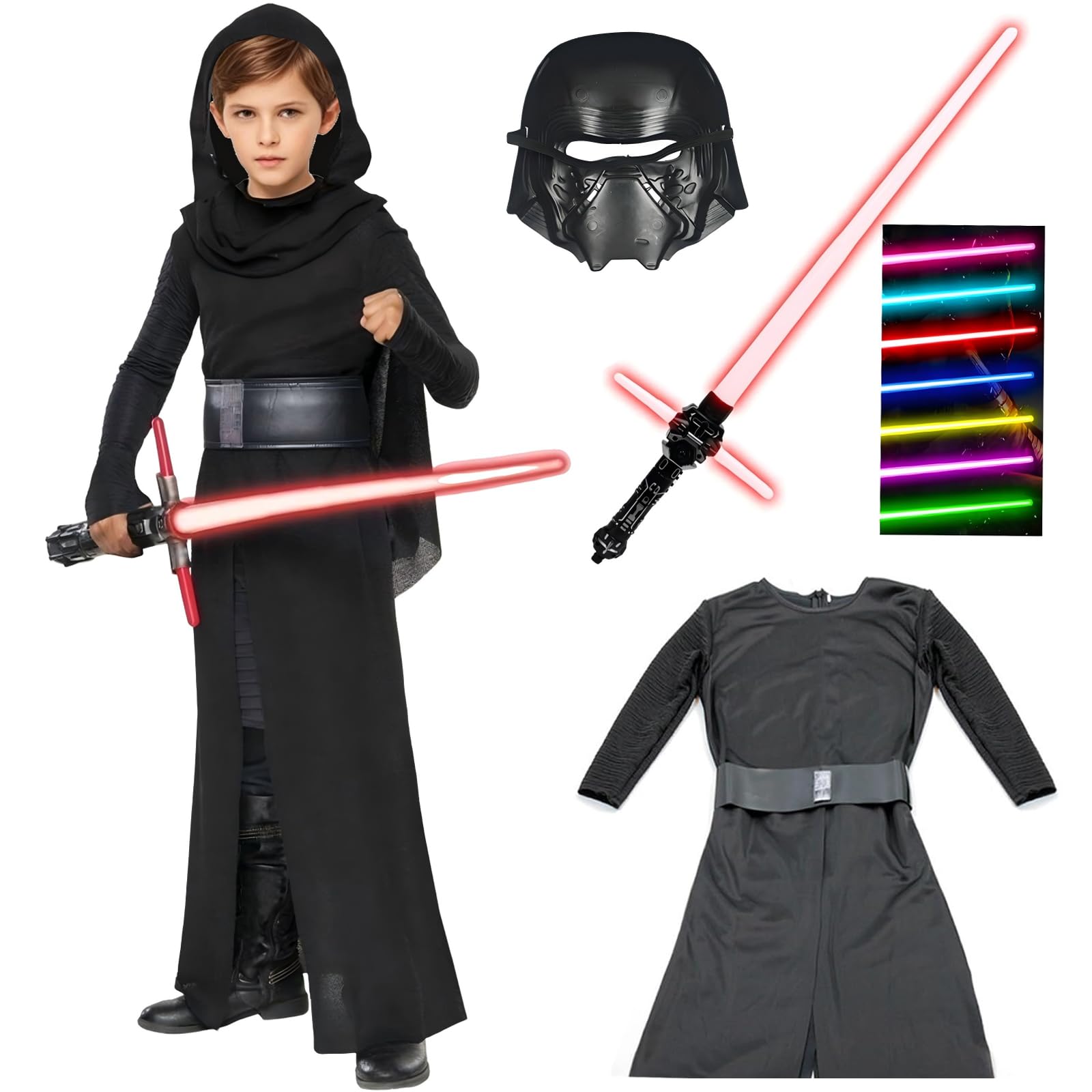 shyhand Scary Costume for Kids Boys Creepy Jumpsuit Mask Belt Cowl Black Series Halloween Cosplay Outfits