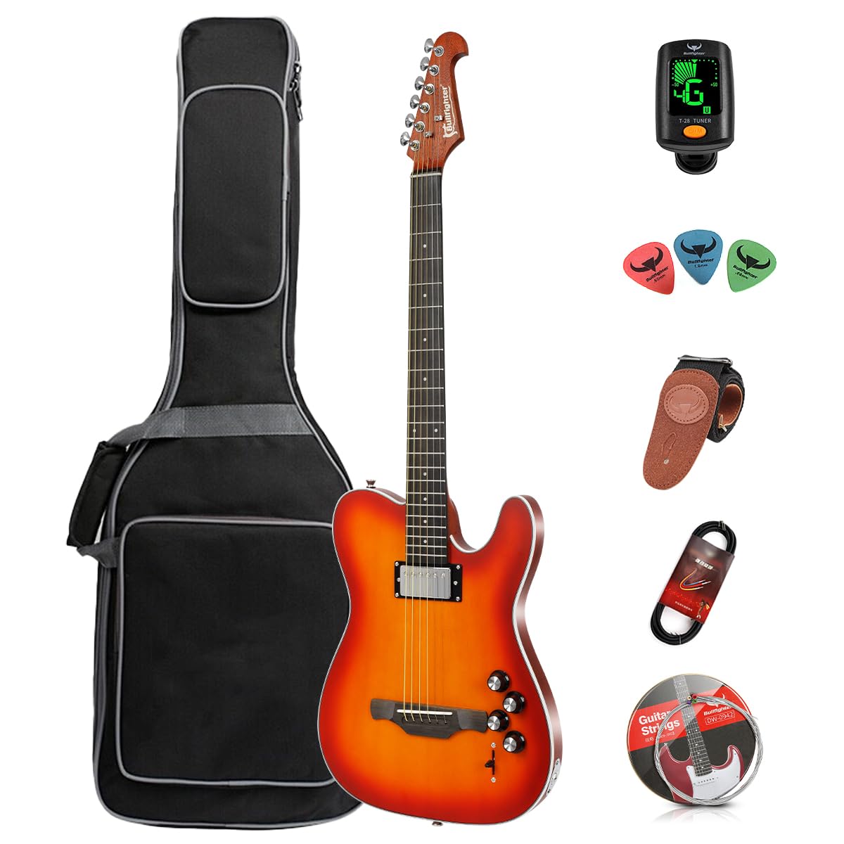 Guitare acoustique silencieuse en nylon à 6 cordes, folk électronique portable avec effets intégrés, cordes en acier, bandoulière, accordeur (coucher de soleil)