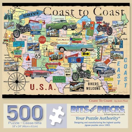 Bits and Pieces 500 Piece Puzzles for Adults - Coast to Coast - - Large 18" x 24" Jigsaw Puzzles 500 Pieces Retro American Collage Map, No 2 Pieces Alike