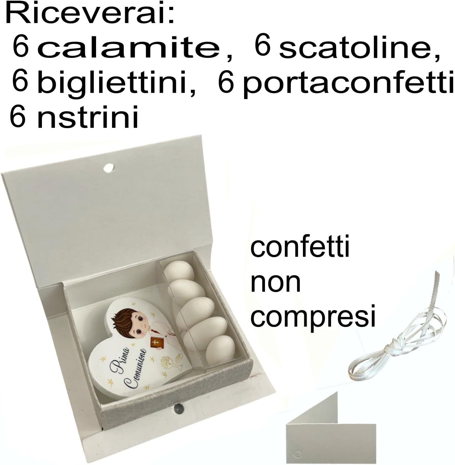 Regalami.shop, 6 calamite per bomboniera Prima Comunione Bimba completa di scatola, nastrino bianco, bigliettino e portaconfetti (calamita bimba)