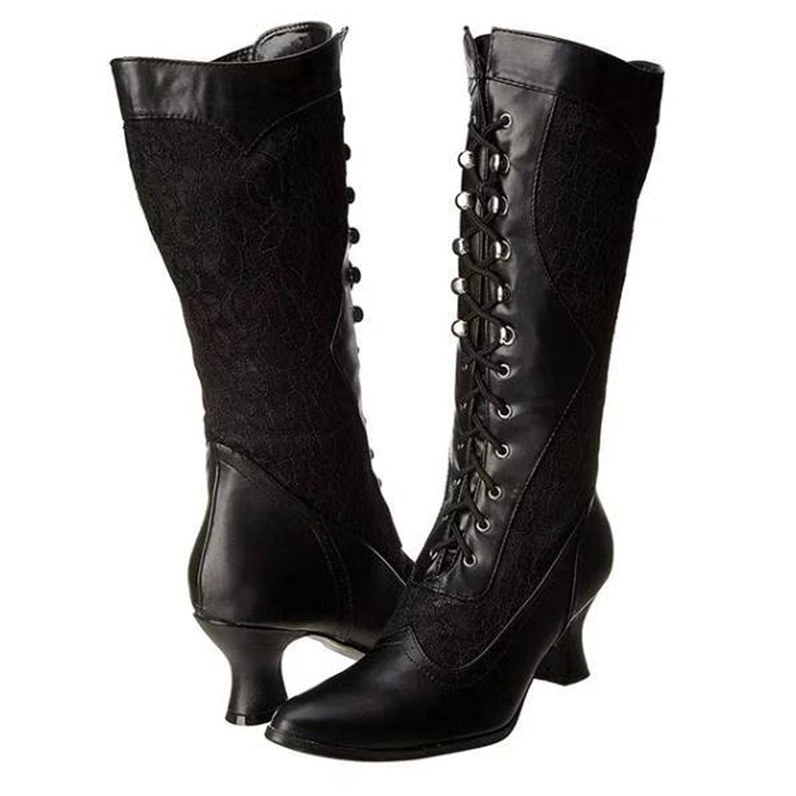Botas de Invierno Mujer Zapatos Mid Botas taconadas Fashion Puntiagudo Alta Zip Dedo del pie Side Lace Mujeres Boots Boots de Mujeres