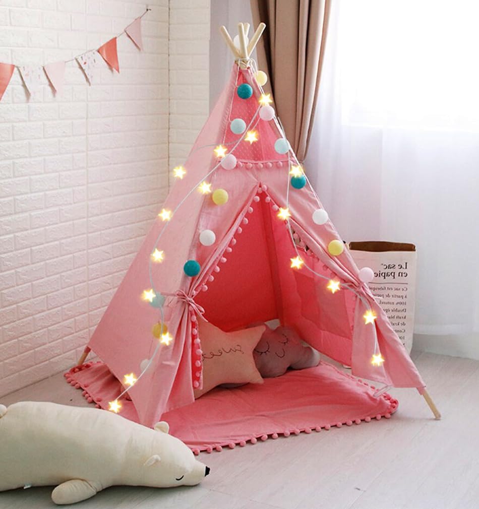 Teepee Tent with Star Lights & Carry Case, Luxury Lace Washable Foldable Toddler 100% Cotton Play Tent for Indoor Outdoor Party Girls & Boys, White