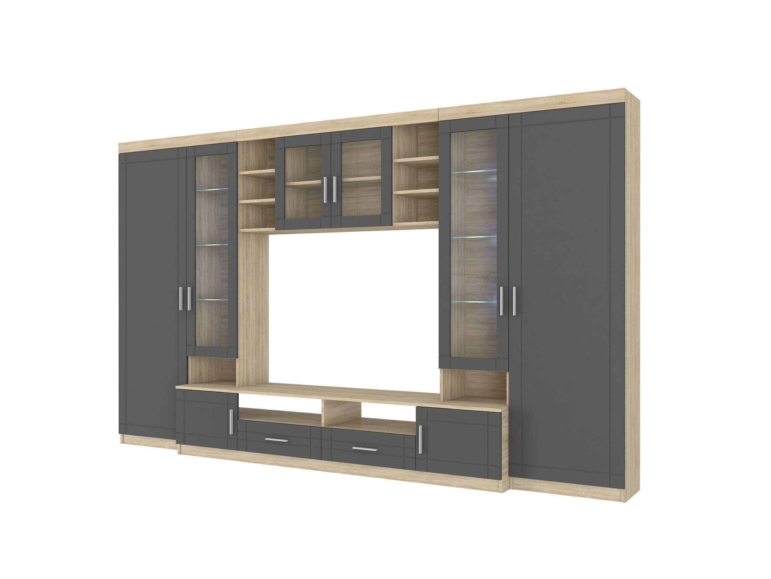 Kuechen-preisbombe Wohnwand Paris Anbauwand Wohnkombi Wohnzimmer MDF Grau+ Sonoma Eiche matt