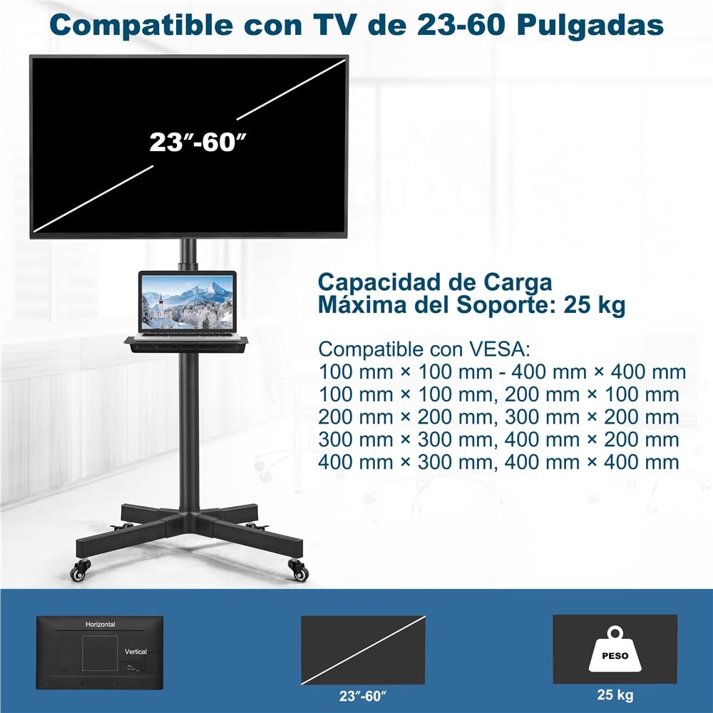 Yaheetech Soporte TV Ruedas de 23 a 60 Pulgadas Soporte TV Pie con Estante para Portátil Soporte Móvil con Altura Ajustable de hasta 25 kg Máx VESA 400x400 mm