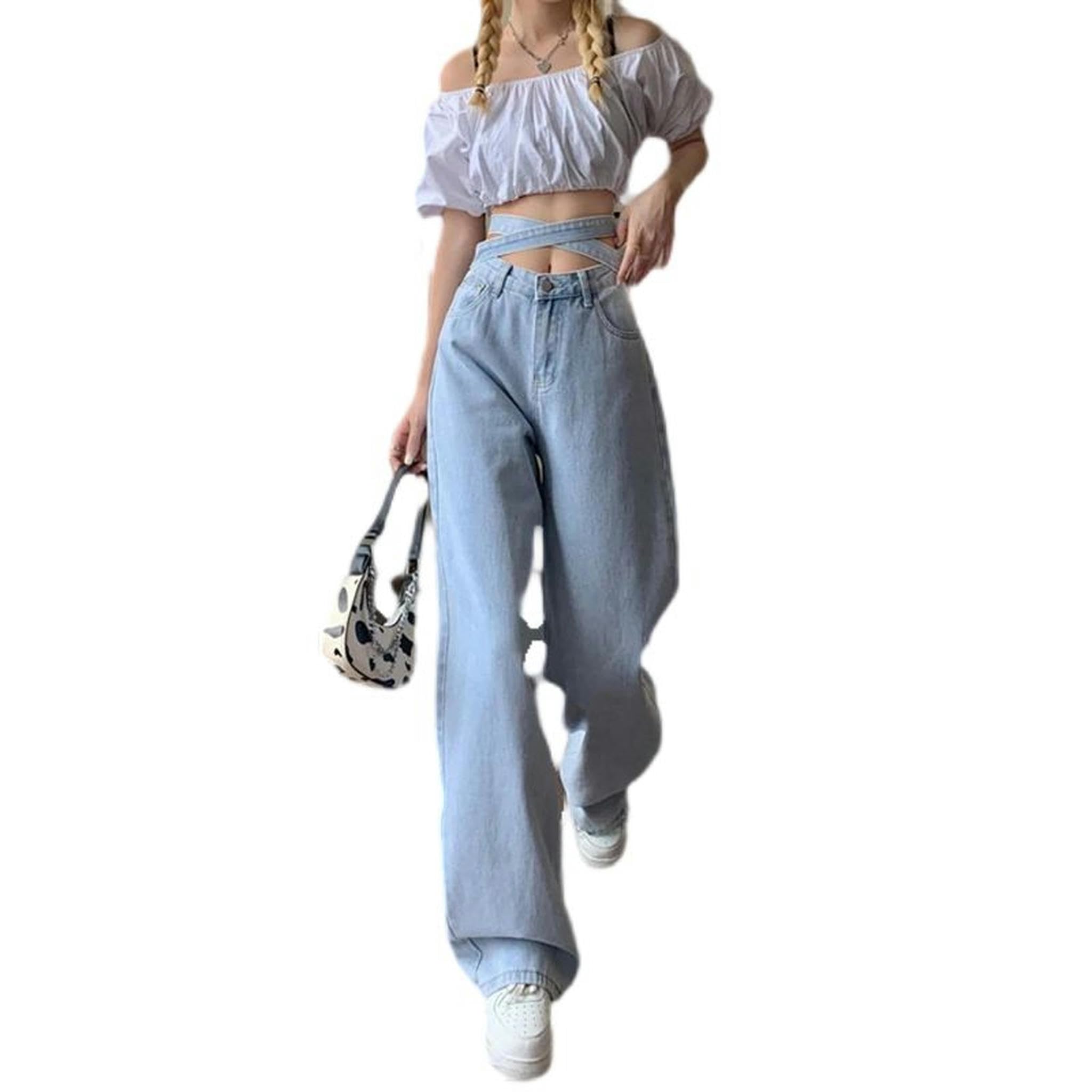Jean bleu clair femme rétro taille haute et coupe large ample décontracté en taille M