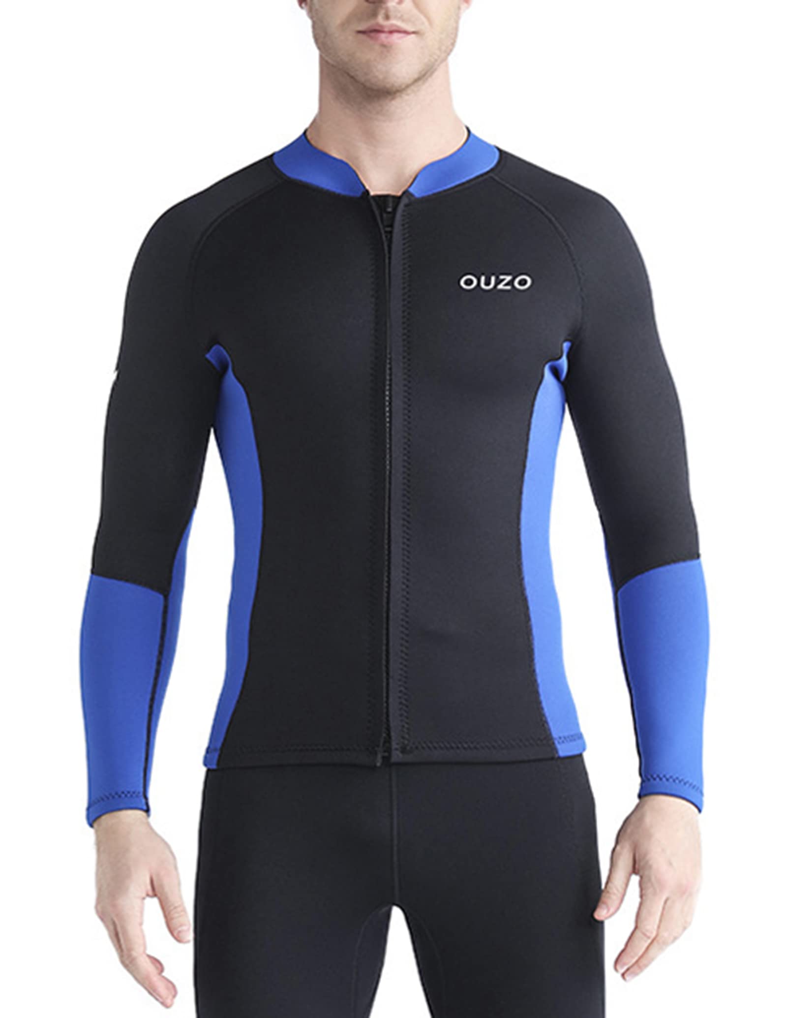 REIRQIE 1.5MM Men Wetsuits Tops,Front Zipper Long Sleeves Diving Suit,Keep Warm Suits for Diving Surfing Swimming Snorkeling,Blue,XXL