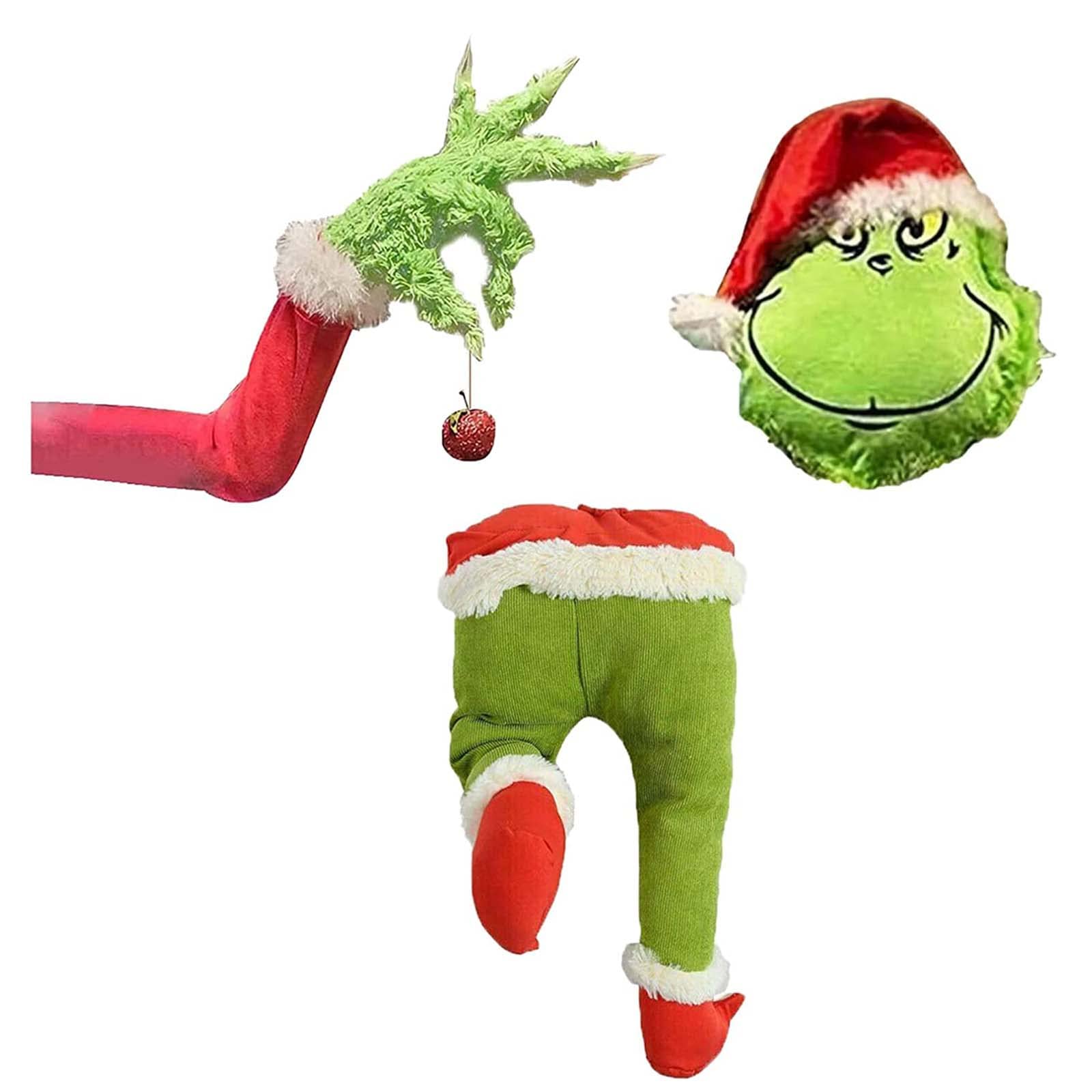 Decoraciones de cuerpo de Grinch Ladrón de Navidad, juegos de árbol de adorno de brazo y cabeza, brazo de felpa de arpillera de Grinch para interiores para chimenea, puerta, ventana (3 piezas)