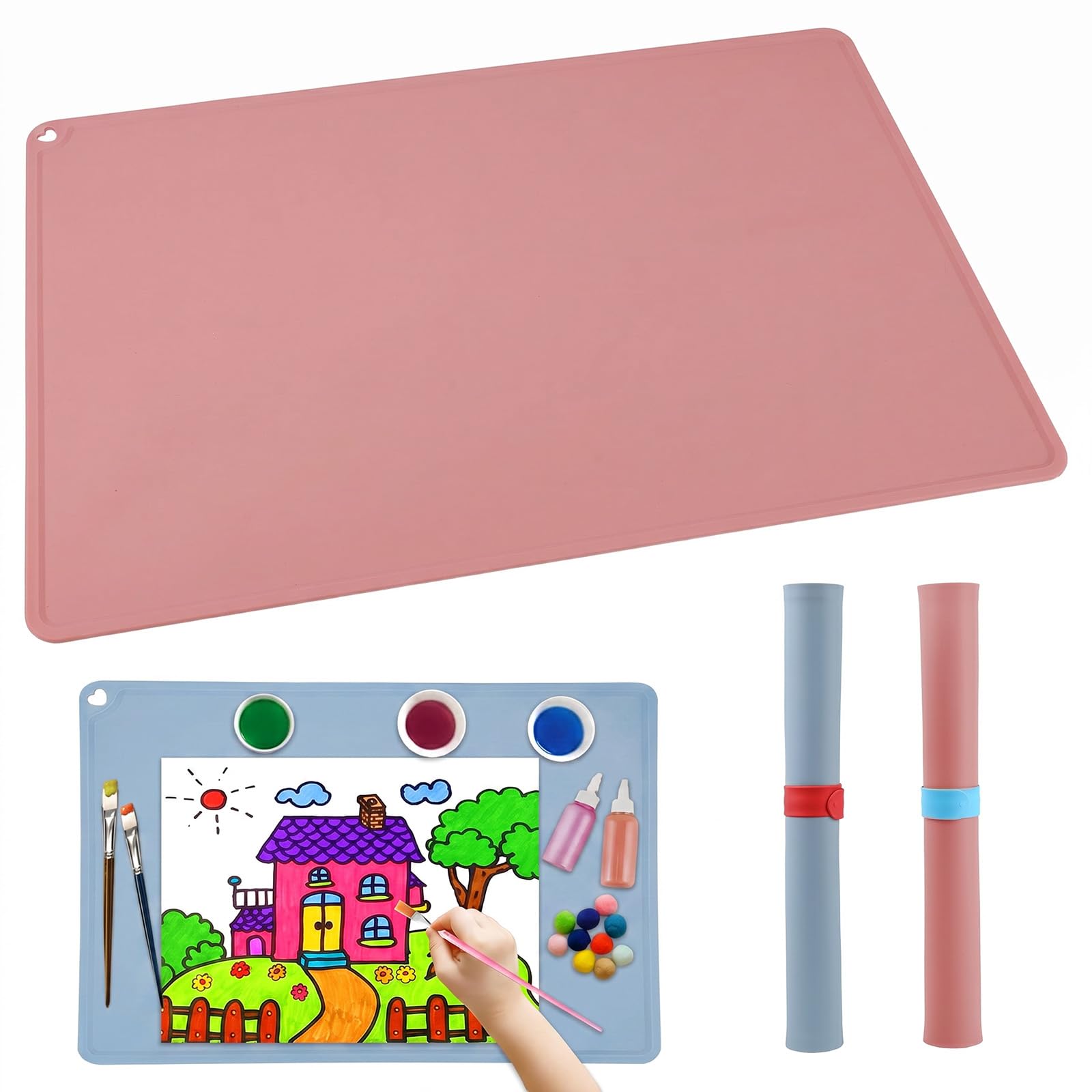 GEEKHOM 2 Pieces Large Craft Mat for Kids 60x40cm - A2 Silicone Painting Mats for Children - for Play Sand Arts Resin - Non-Stick & Easy to Wash - Desktop Mat with Raised Edges (Pink, Blue)