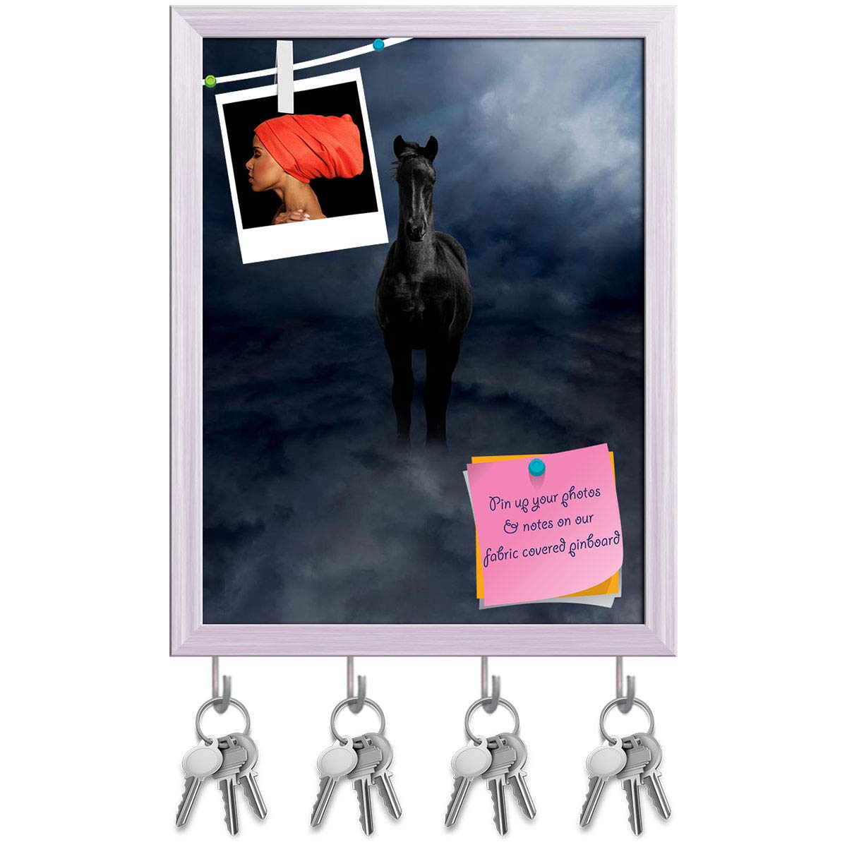 ArtzFolio Pegasus Black Steed Key Holder Hooks | Notice Pin Board | White Frame 12 X 15.6Inch