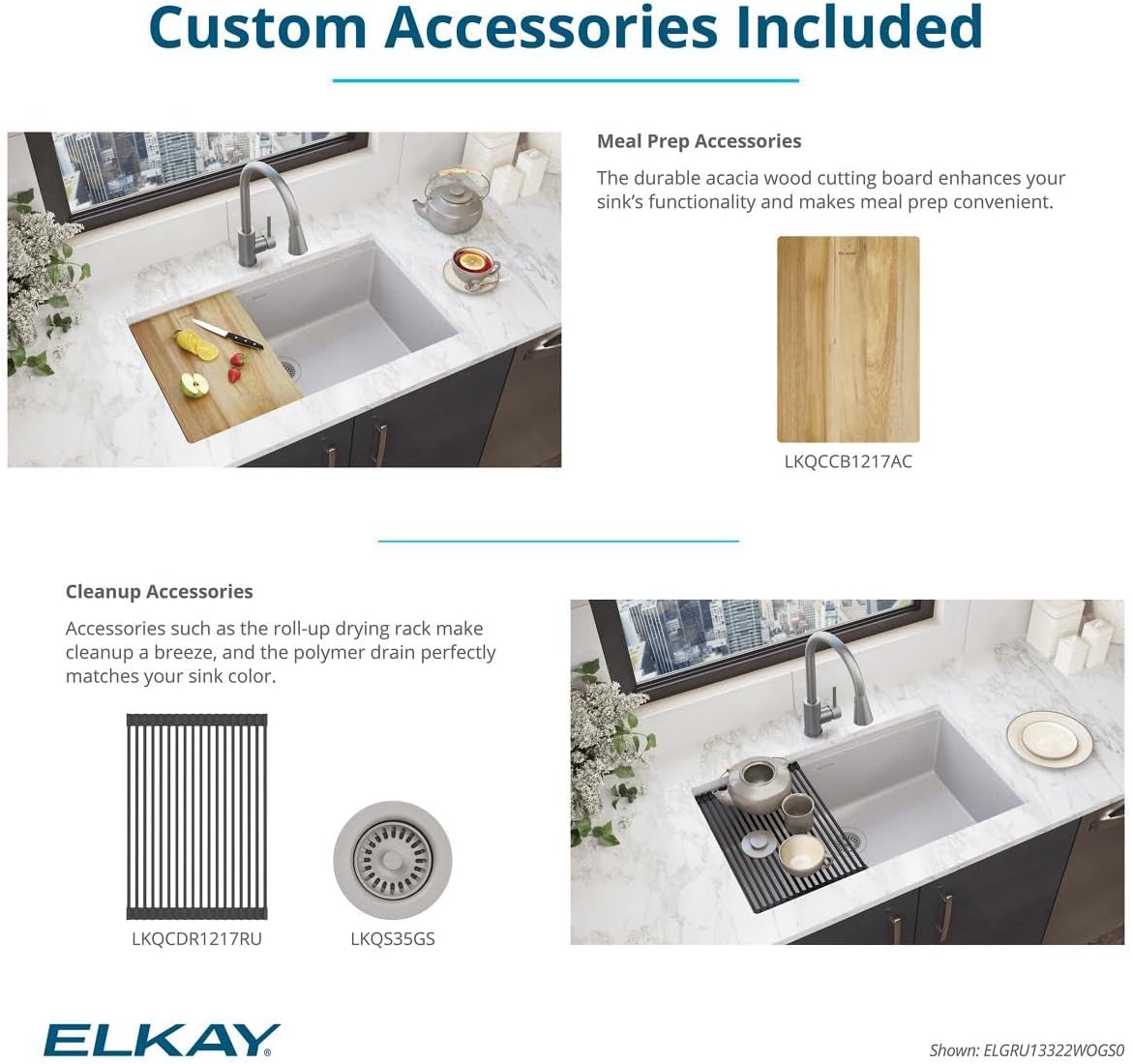Elkay Quartz Classic 33" x 22" x 9-1/2" Single Bowl Undermount Workstation Sink 4pc Kit Greystone