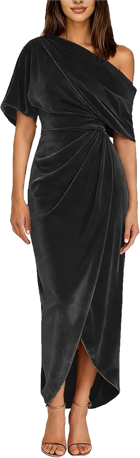 Velvet Cocktail Dresses for Women One Shoulder Bridesmaid Dress Long Short Sleeves Ruched Evening Gowns