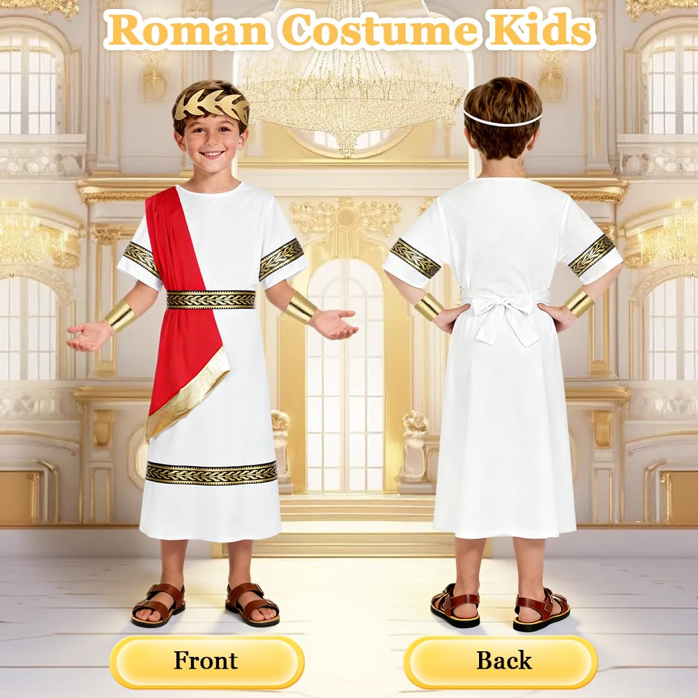 BSBUY Ancient Roman Greek Costume Boys Kids White Red Greek Long Robe Roman Toga Fancy Dress Costume Roman Emperor Dress Up Outfit with Belt Headband Wristband for Halloween World Book Day(120) - Image 4