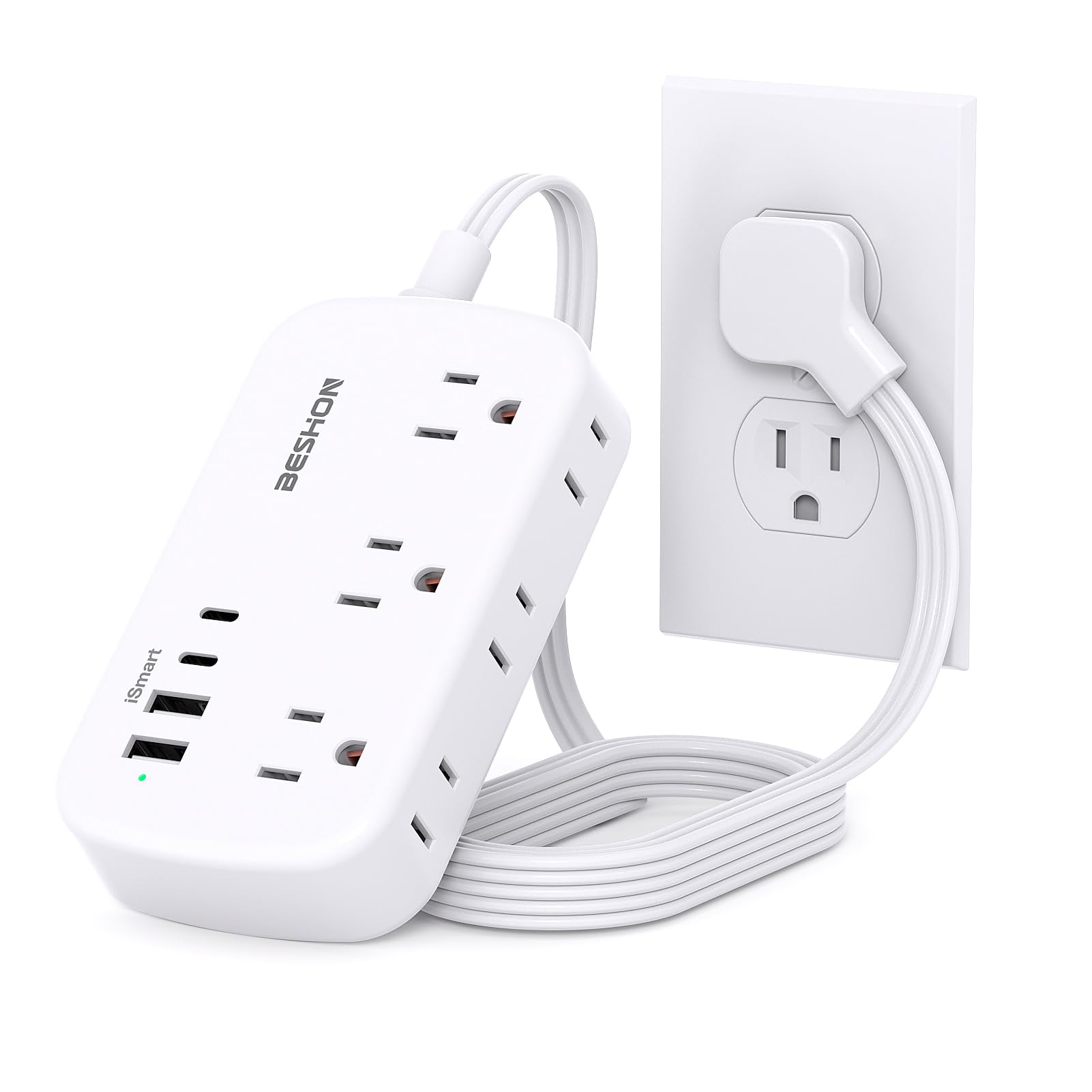 Flat Power Bar, 5FT Flat Plug Extension Cord with USB C, 6 Outlets 4 USB Ports (2 USB C), Power Strip with No Surge Protector for Cruise Ship, Dorm Room Travel Essentials