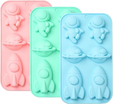 3 pcs Space Silicone Molds Astronaut Rocket Shaped Chocolate Molds for Cake Bread Candy Pudding Butter Biscuit Making Crafts