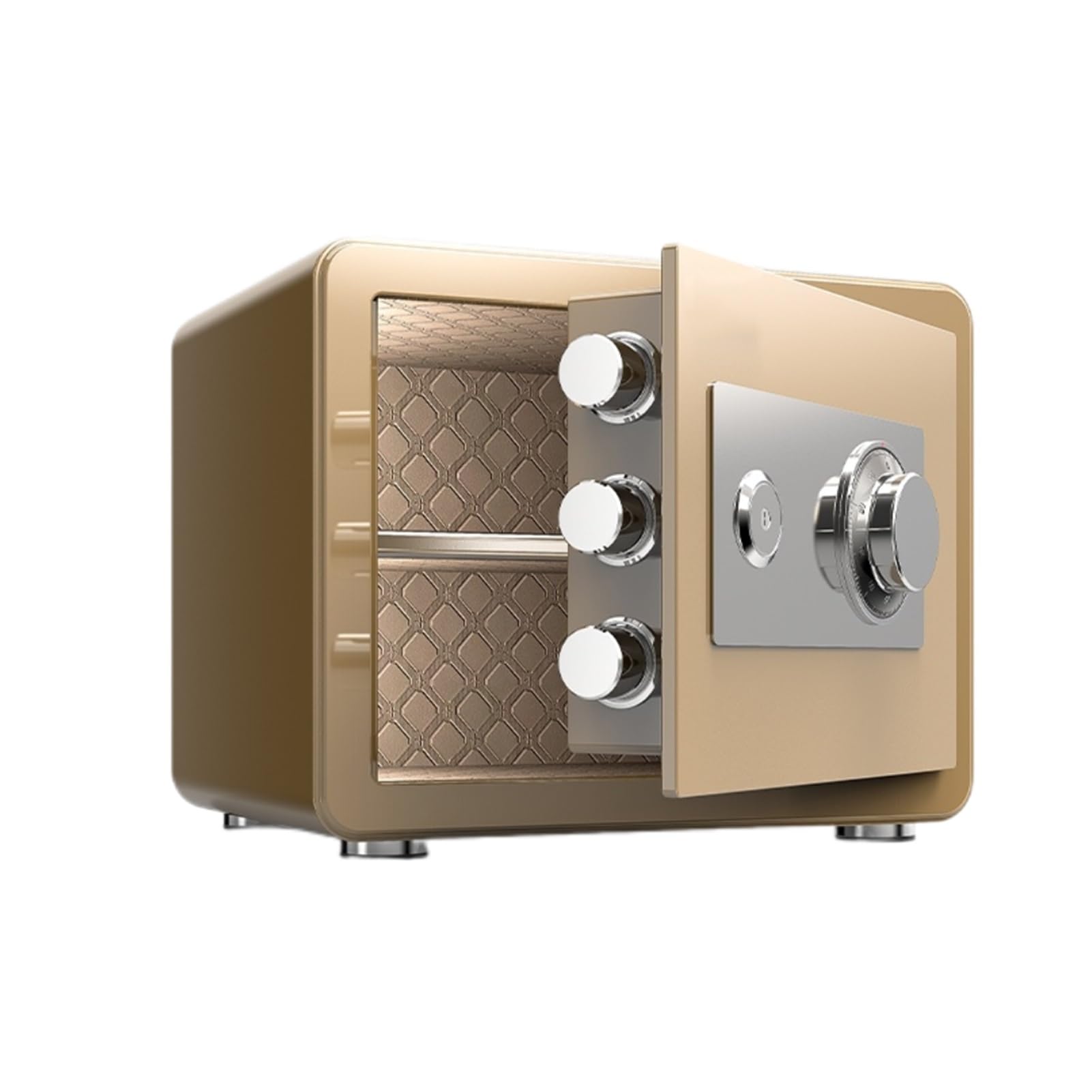 Small fireproof safe with key lock, concealed steel security case, wall-mountable/floor-mountable, suitable for retail, office, and commercial locations.(Gold)