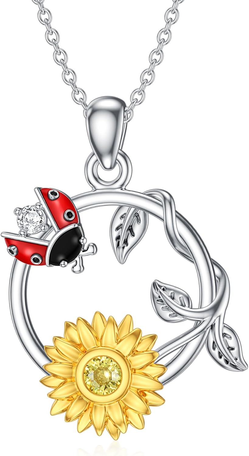 Sunflower Ladybug Necklace for Women, S925 Sterling Silver Citrine Pendant Necklace Jewelry Birthday Gifts for Women Mom Wife Girlfriend