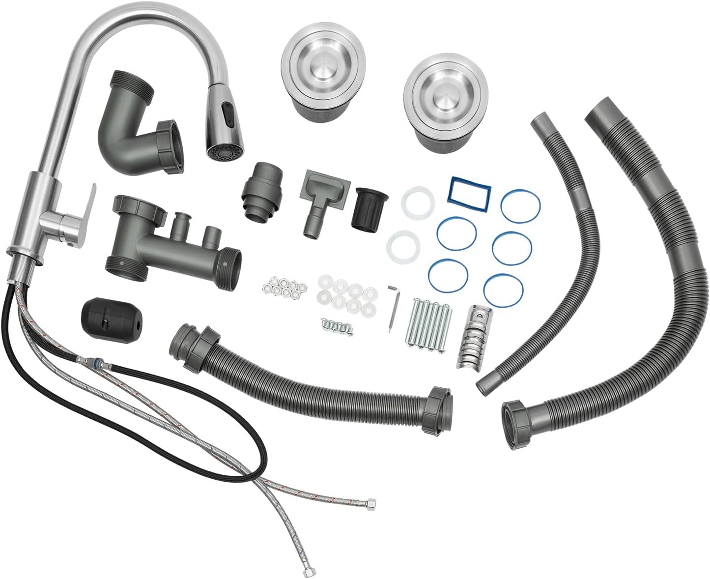 Commercial Sink,2-Stainless Steel Utility Sink with Pull-out Faucet, Cold and Hot Water Pipe,w/Workbench 3 Tier Storage Shelves,for Restaurant, Garage, Outoor, 17.7"D x 47.2"W x 31.9"H (Double slot)