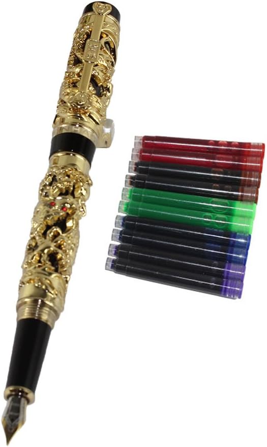 Gullor Noblest Dragon and Phoenix Fountain Pen with PU leather pen pouch and 5 colour ink cartridge - Gold and black