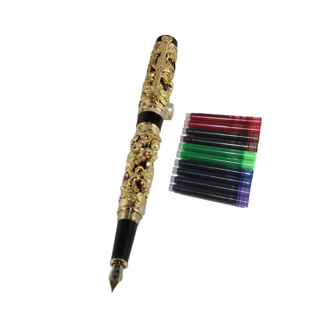 Gullor Noblest Dragon and Phoenix Fountain Pen with PU leather pen pouch and 5 colour ink cartridge - Gold and black