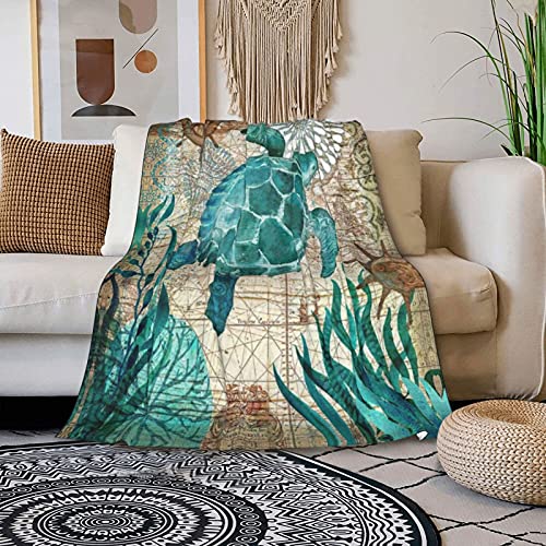 ASYOURWISH Ultra Soft Sea Turtle Flannel Fleece Throw Blanket Teal Mediterranean Style Ocean Animal Landscape All Season Warm Fuzzy Light Weight Cozy Plush Blankets for Living Room Bedroom 40x50 Inch