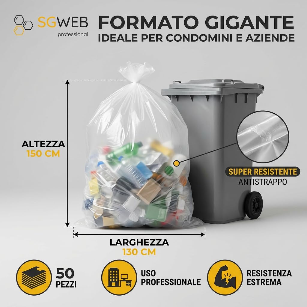 Sacchi Immondizia Trasparenti Ultra Giganti 130x150cm [50 Pezzi] in Polietilene Alta Resistenza per Spazzatura e Raccolta Differenziata, Buste Grandi Professionali per Rifiuti Ingen