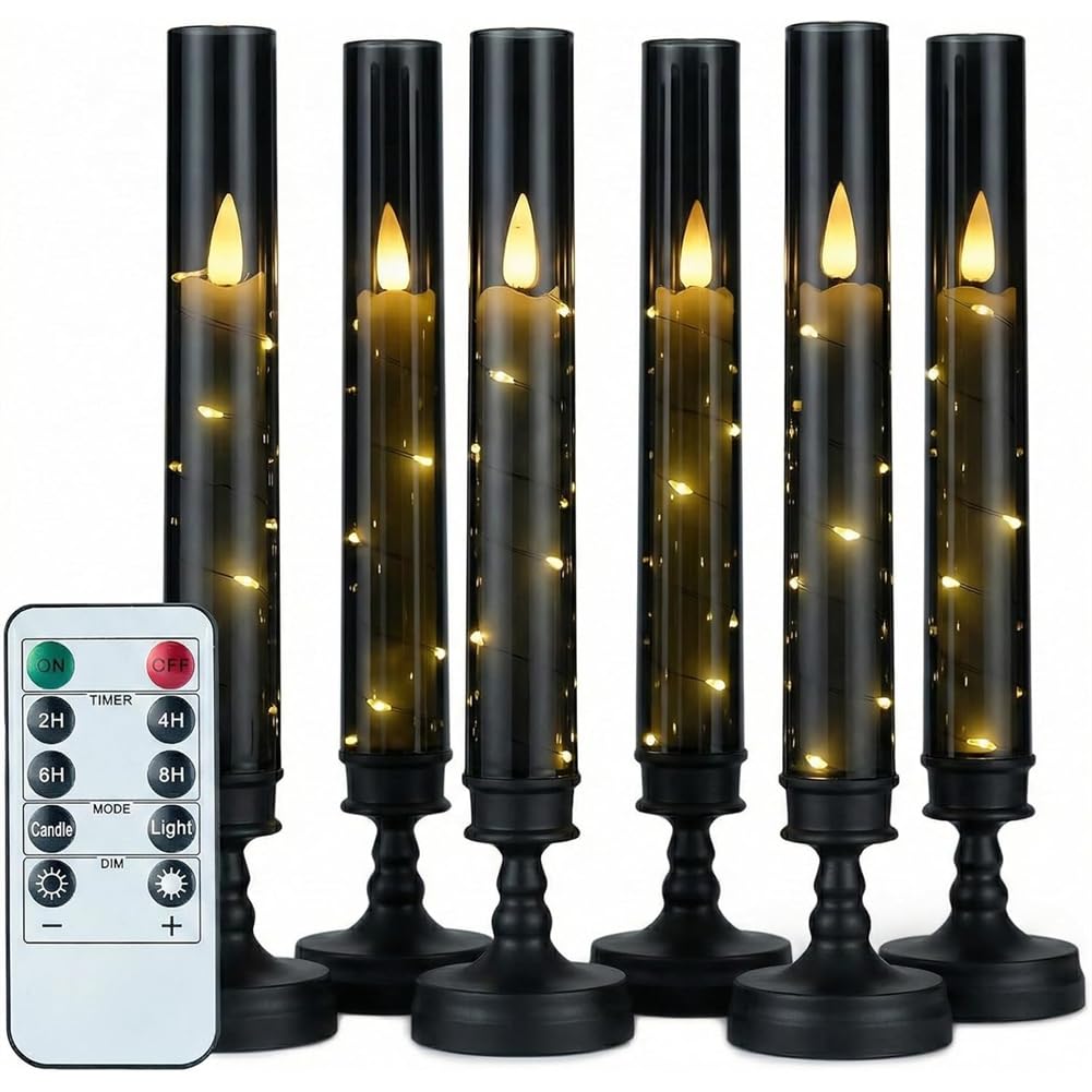 6 Velas LED Cilíndricas Sin Llama con Temporizador y Guirnalda de Estrellas Incorporada de Cera
