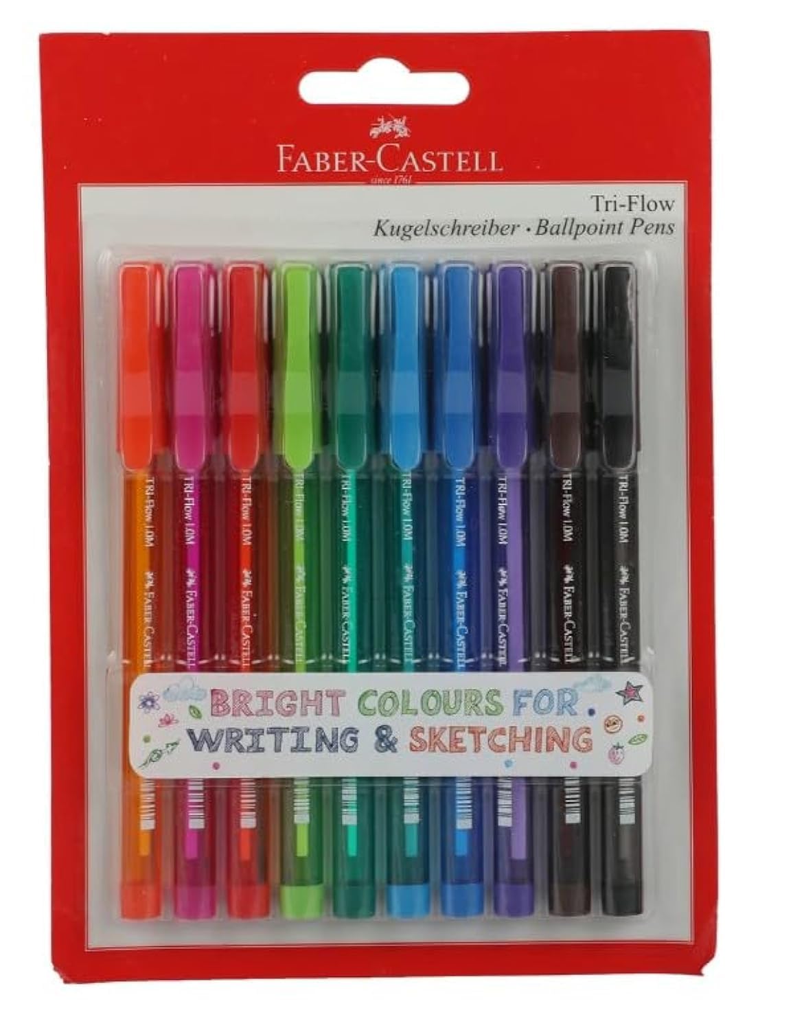 Faber-Castell Tri-Flow Ball pen 10pcs Assorted Bright Colours For  Writing Sketching (Pink, Purple, Turquoise, Orange, Light Green, Green,  Red