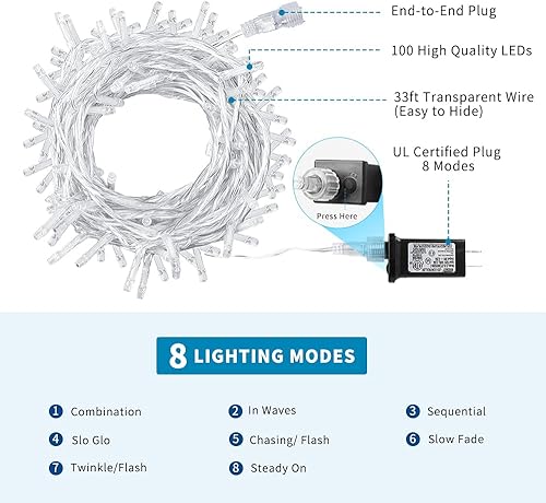 Miniatura 2 de VTECHOLOGY Guirnalda de luces de Navidad para interiores, enchufable, 8 modos, decoración de luces de hadas para interiores y exteriores (cable