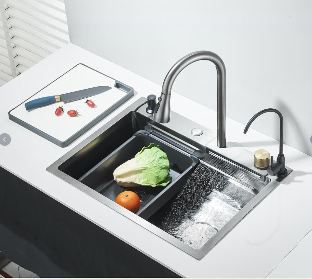 Zlewozmywak kuchenny ze stali nierdzewnej z kranem, duża pojedyncza miska z dozownikiem mydła, funkcje wodospadu i deszczu, system 4 funkcji, srebrny 60 x 45 cm