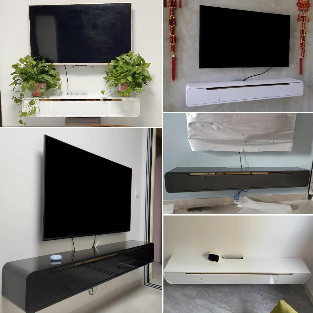 Telewizor naścienny, 200 cm pływająca konsola multimedialna z szufladą, zarządzanie kablami, stylowy drewniany design do salonu i przestrzeni rozrywkowej