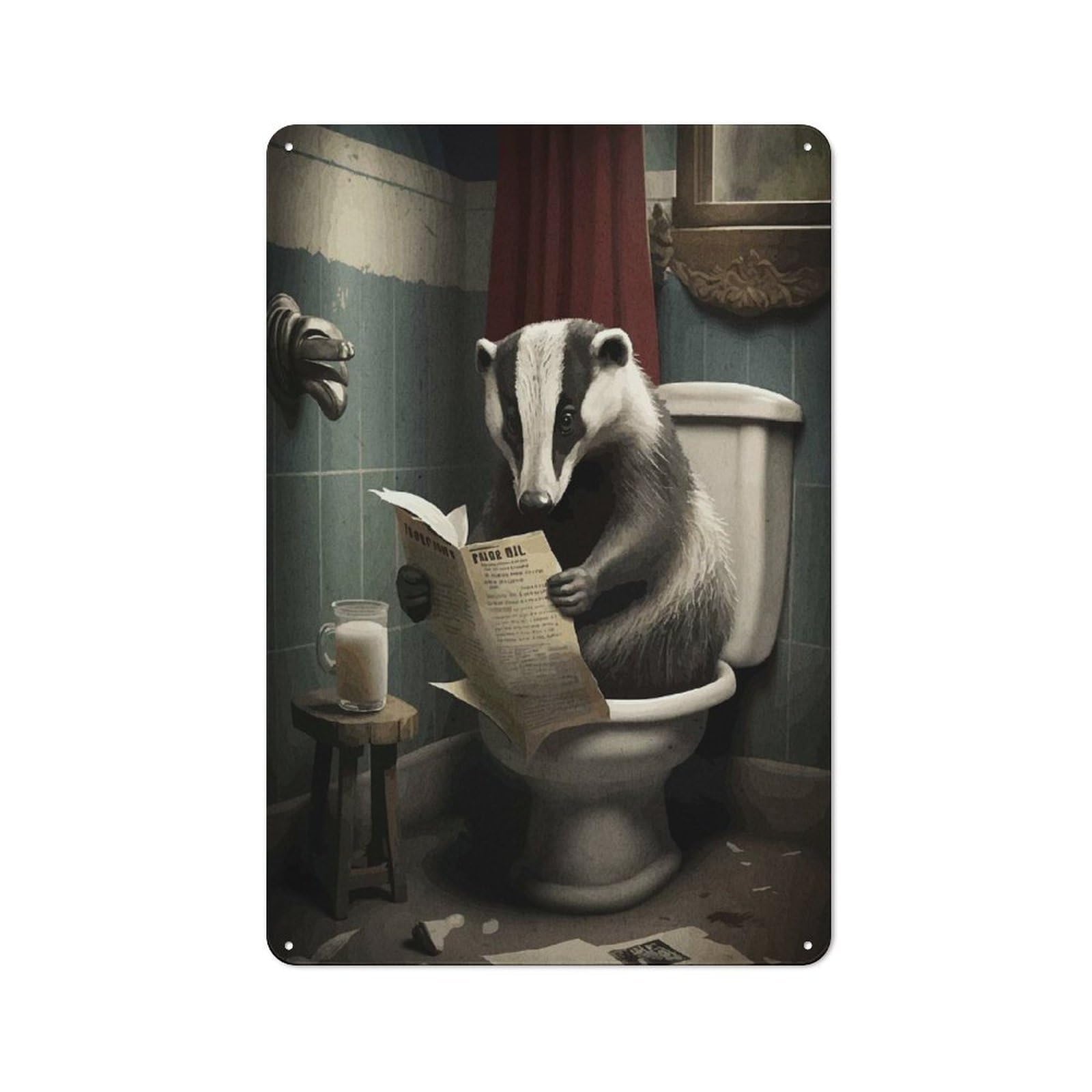 Junmoney Badger Reading On Toilet Decorative Tin Sign With Design 30X20cm, Nostalgic Old Style Wall Plaque For Living Room, Hallway, Kitchen Or Cafe