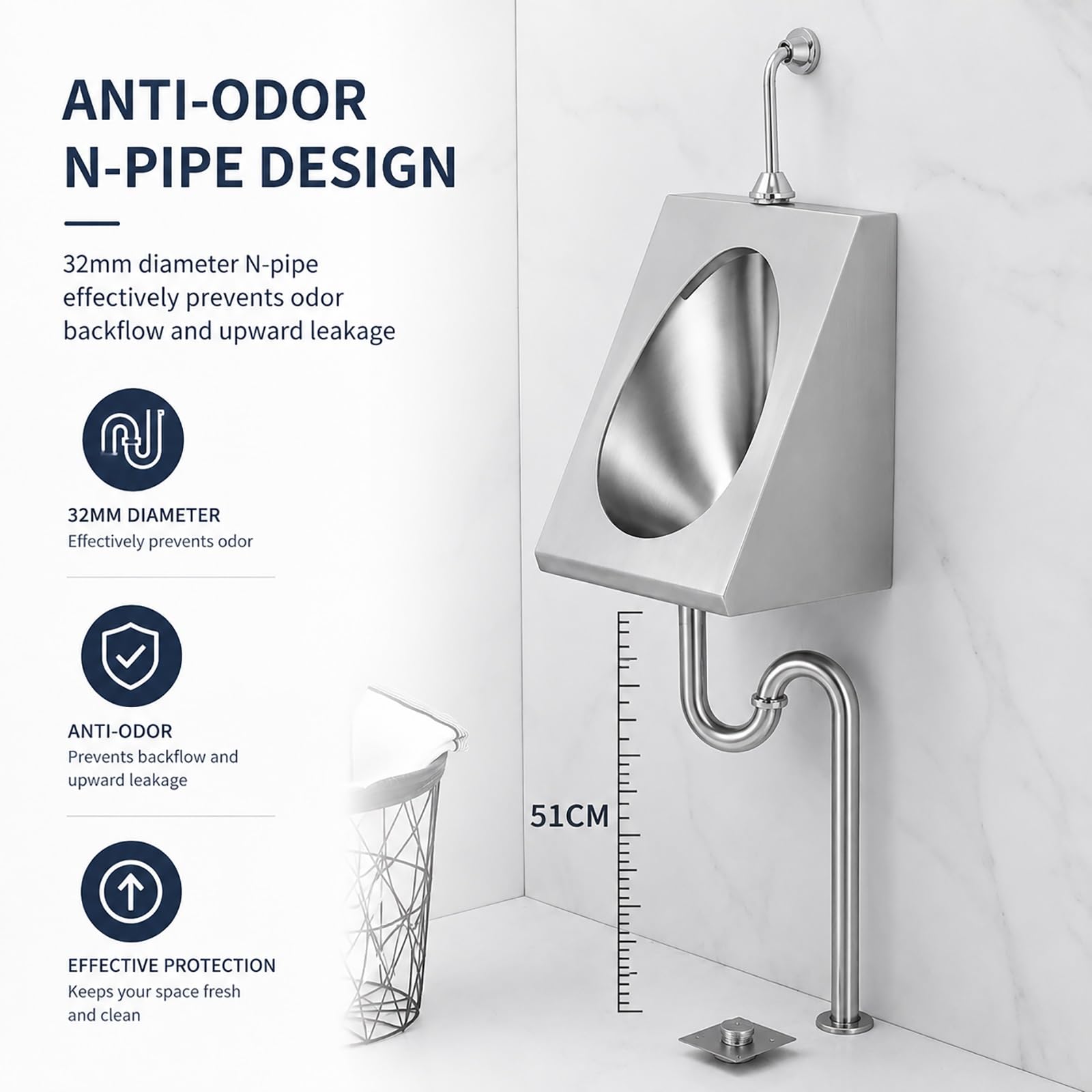 Urinario de Pared Acero Inoxidable 304 para Hombres con Descarga Automática por Sensor, Comercial para Baño, Hotel, Bar, Garaje y Espacios Exteriores(Concealed Sensor B,Wall Drainage)