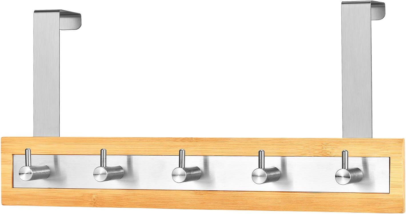 ToiletTree Products Bamboo Stainless Steel Over-The-Door Towel Hooks - Durable Coat, Clothes, and Towel Rack to Use in The Bathroom, Laundry Room, and Closet - 5 Hooks
