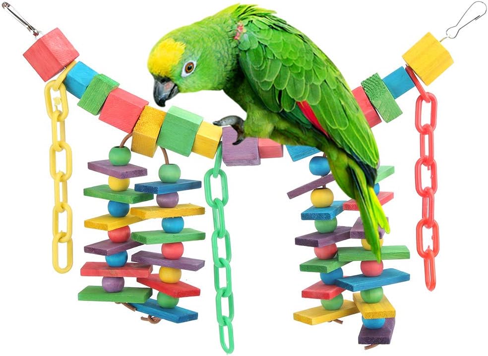 Juguete puente loro suave Escalera oscilante para pájaros Bloque de madera colorido Cadena de plástico Bloque de madera colorido Perca Parrot Cage Bite Toys Mascota Bird Chew Cage Toy colgante